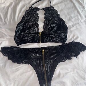 Black Lace and Faux Leather Bra Set